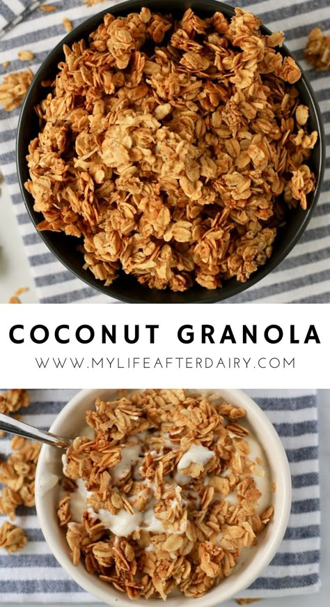 This crunchy, homemade coconut granola comes together with 6 ingredients for an easy to make breakfast or snack recipe. Clusters of oats and coconut are held together with honey, coconut oil, and vanilla for a delightfully crisp and crunchy granola. #dairyfree #granola #homemade Honey Granola Recipe, Crunchy Granola Recipe, Coconut Granola Recipe, Vanilla Granola, Granola Recipe Healthy, Honey Granola, Granola Recipe Homemade, Almond Granola, Dessert Aux Fruits