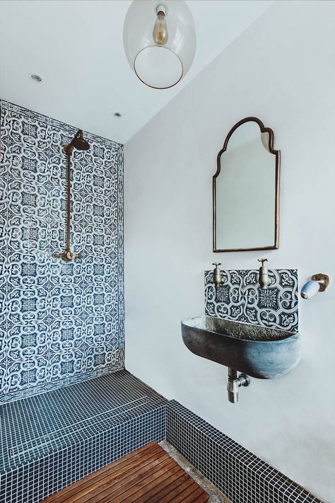 Haggerston Flat - Award Winning Architects - Red Deer Portuguese Tiles Bathroom, Two Tone Walls, Wall Taps, Stainless Kitchen, Portuguese Tiles, Reclaimed Furniture, London Flat, London Apartment, Divider Wall