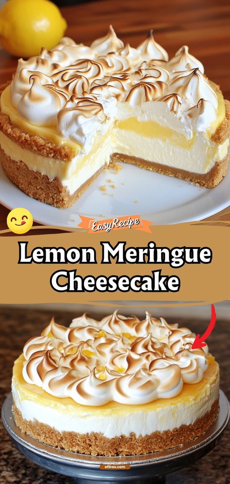 Experience the bright and bold flavors of Lemon Meringue Cheesecake, where zesty lemon meets smooth cheesecake under a fluffy meringue topping. It’s a refreshing twist on two classic desserts. #LemonCheesecake #Meringue #SweetTreats Copycat Cheesecake Factory Lemon Meringue Cheesecake, Lemon Swirl Cheesecake, Hello Dessert Recipes, Lemon Marange Pie Cheesecake, Best Lemon Dessert Recipes, Traditional Cheesecake Recipes, Lemon Meringue Tart Recipe, Lemon Dessert Ideas, Lemon Curd Cheesecake Recipe