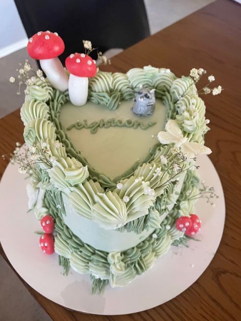 Green Fairy Birthday Cake, Birthday Party Ideas Sage Green, Green Frog Cake, Sage Green Heart Cake, Birthday Cake Sage Green, Sage Birthday Cake, Sage Green Cakes, Fairy Core Cake, Green Bday Cake