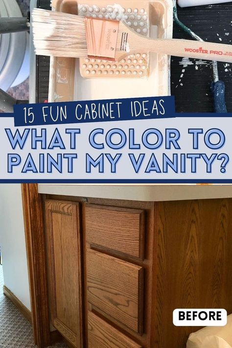 white paint on brush with oak vanity with text overlay 15 fun cabinet ideas, what color to paint my vanity?. Before And After Cabinets, Vanity Makeover Ideas, Bathroom Cabinet Paint, Bathroom Vanity Paint, Powder Room Vanity Ideas, Diy Bathroom Vanity Makeover, Cabinet Makeover Ideas, Powder Room Paint, Bathroom Cabinet Makeover