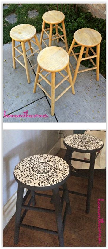 DIY idea for upgrading simple wooden stools. Lace Doily, Furniture Rehab, Diy Coffee Table, Bohol, Chalk Paint Furniture, Wooden Stools, Refurbished Furniture, Into The Woods, Furniture Restoration