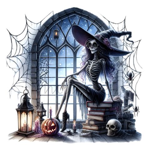 Witchy Halloween Decor, Window Backdrop, Witch Skeleton, Skeleton Witch, Gothic Window, Witch Pictures, Witch Clipart, Gothic Windows, Halloween Kunst