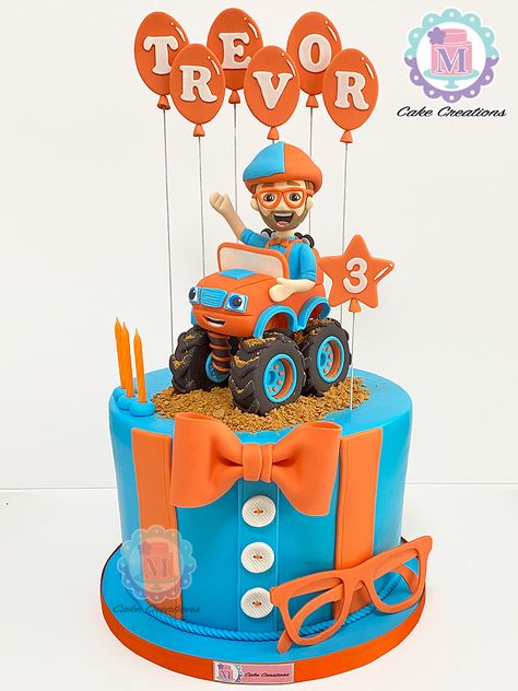 Blippi / Monster Truck fondant cake Blippi Truck Cake, Blippi Bday Cake, Blippi Monster Truck Cake, Blippi Dinosaur Cake, Blippi Excavator Birthday Cake, Blippi Construction Cake, Blippi Birthday Ideas, Blippi Monster Truck Party, Blipping Birthday Cake