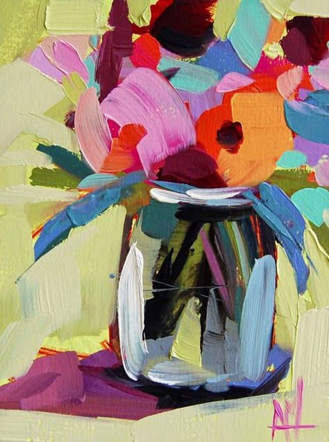 Angela Moulton - daily painting. Uhttp://angelamoulton.blogspot.com/2015/04/zinnias-in-vase-no-6-painting.html Angela Moulton, Painting A Day, Flowers In Vase, Flowers In A Vase, Abstract Floral Paintings, Abstract Floral Art, Floral Oil Paintings, Abstract Flower Painting, Impressionist Art