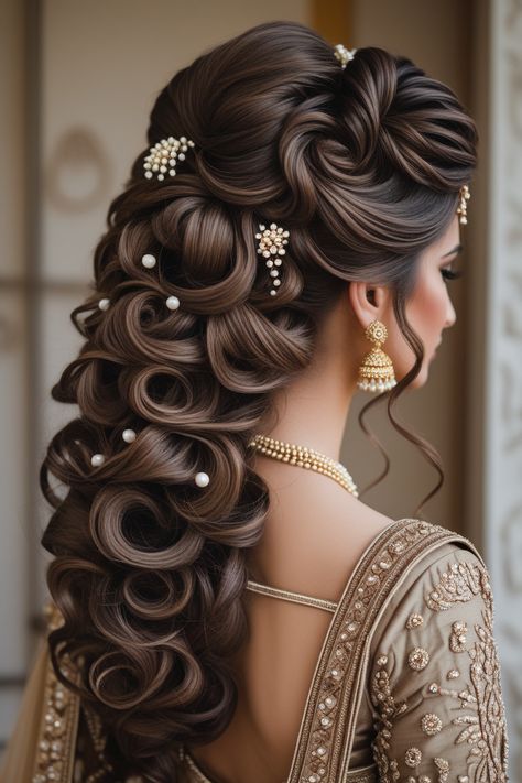 This indian hairstyle is a timeless low-braided bun adorned with bold red roses, creating a striking contrast against the rich indian brown hair. Wavy Wedding Hair, Indian Wedding Hairstyles, Vintage Wedding Hair, Indian Bridal Hairstyles, Bridal Hairstyle, Braided Bun, Indian Hairstyles, Bridal Hair Accessories, Bride Hairstyles