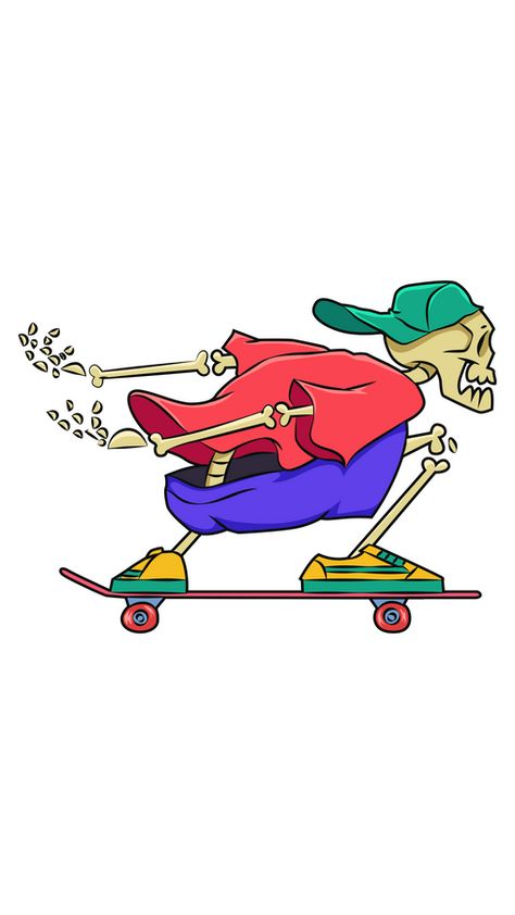 Many people love to skateboard, even this cool skeleton in colorful clothes. He isn't afraid to fall and get a bruise, so he can do a variety of tricks! The cool sticker with Skeleton on Skateboard!. Skater Cartoon Art, Cartoon Skateboard Drawing, Skater Paintings, Skate Art Wallpaper, Skate Art Illustration, Skater Art Drawing, Skate Doodles, Cartoon Skeleton Drawing, Skateboard Drawings