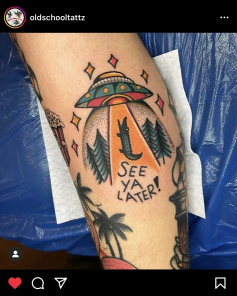 Traditional Tattoo Ufo, Godzilla Tattoo, Tattoo Sleeve Filler, Ufo Tattoo, Traditional Sleeve, Planet Tattoos, Wicked Tattoos, Traditional Tattoo Sleeve, Alien Tattoo