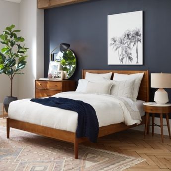 Natural Colour Palette Bedroom, Bedroom With Natural Wood Furniture, Scandinavian Bedroom Paint Colors, Mid Century Modern Bedroom Paint Colors, Bedroom With Walnut Furniture, Paint Colors That Go With Walnut Wood, Spare Bedroom Paint Ideas, Sherwin Williams Accent Wall Colors, Natural Wood Color Palette