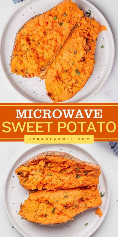 Want more healthy Thanksgiving side dish recipe? This Microwave Sweet Potato recipe features fluffy sweet potatoes seasoned with salt, pepper and butter ready in minutes. Serve this easy side dish at the Thanksgiving dinner party! Microwave Sweet Potatoes, Sweet Potato Butter, Microwave Sweet Potato, Sweet Potato Seasoning, Thanksgiving Side Dishes Healthy, Veggie Side Dish Recipes, Sweet Potato Recipe, Fall Vegan Recipes, Thanksgiving Dinner Menu