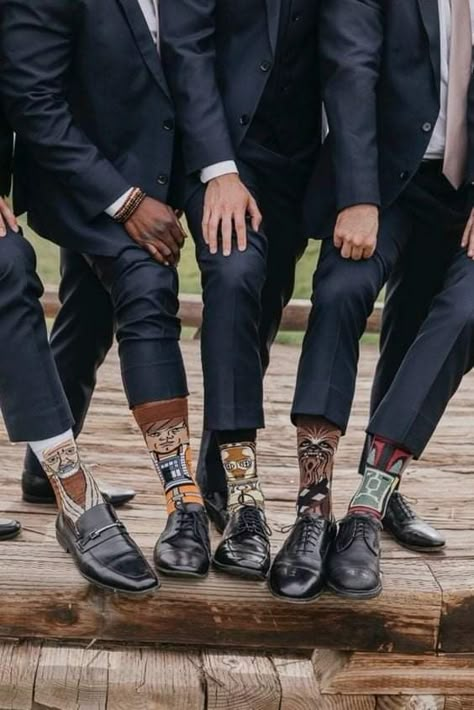 Starwars Groomsmen Gifts, Fun Wedding Socks Groomsmen, Groom Socks Wedding, Fun Groomsmen Socks, Wedding Ideas For The Groom, Star Wars Groomsmen Proposal, Star Wars Grooms Table, Wedding Ideas Star Wars, Subtle Star Wars Wedding Ideas