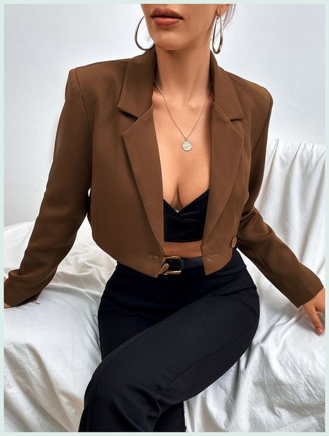 [Sponsored] Coffee Brown Elegant Collar Long Sleeve Fabric Plain Regular Embellished Non-Stretch Women Suits #cropblazeroutfitsforwomen Crop Blazer Outfits For Women, Crop Blazer Outfit, Tight Dress Outfit, Blazer Outfits For Women, Women Suits, Outfit Mujer, Beachwear Fashion, Special Clothes, Crop Blazer