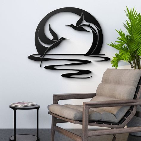 Elevate your decor with this captivating metal wall art featuring a stylized sun, gentle sea waves, and graceful birds in flight.  This piece artfully combines elements of nature with modern design, making it a striking addition to any space. 🔹 Why You'll Love This Art Piece: Striking Design: A beautiful portrayal of the sun setting over the sea with birds in mid-flight, crafted with elegant lines and curves. Fits Any Space: Ideal for your living room, bedroom, office, or as a focal point in en Butterfly Cnc Design, Stylized Sun, Modern Metal Wall Art, Wood Art Design, Sun Setting, Cnc Design, Elements Of Nature, Steel Art, Metal Wall Art Decor