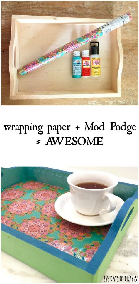 Bold and colorful DIY mod podge serving tray tutorial using gift wrap.  Perfect mother's day or teacher giftmod podge serving tray Mod Podge Projects, Diy Serving Tray, Diy Mod Podge, Homemade Mothers Day Gifts, Mod Podge Crafts, Decoupage Tray, Decoupage Diy, Diy Tray, Tray Diy