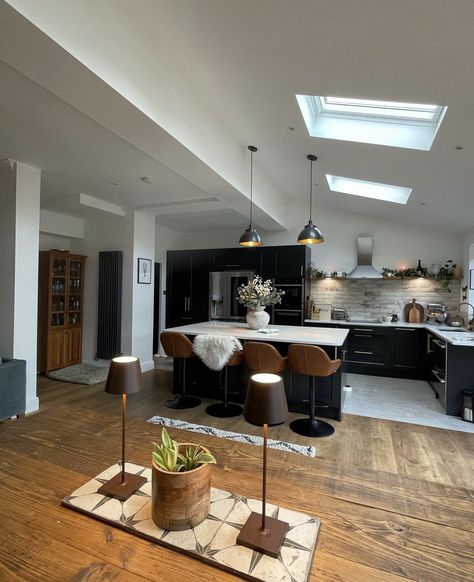 Kitchen Dining Extension, Flat Roof Rear Extension, Log Burner In Kitchen Extension, Middle Room Kitchen, Kitchen Extension Ideas Open Plan Layout, Uk Kitchen Extension, Open Plan Kitchen Dining Living Room, Kitchen And Sitting Room Combo, Long Kitchen Diner Ideas