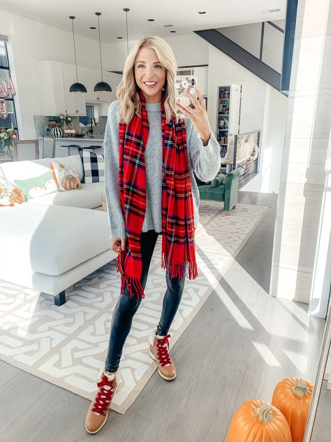 Tartan Scarf Outfit, Ways To Style Leggings, Red Tartan Scarf, Comfy Outfit Ideas, Dani Austin, Outfit Ideas For Fall, Free People Cardigan, White Long Sleeve Tee, Style Leggings