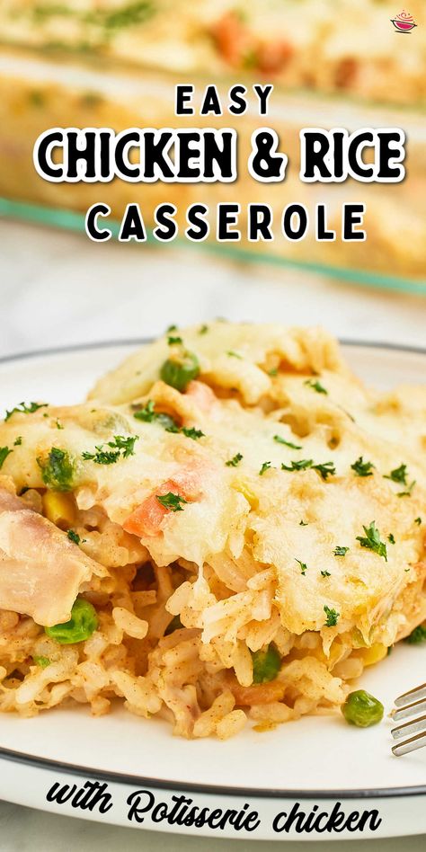 Closeups of a Chicken and Rice Casserole. Chicken And Rice Casserole Rotisserie, Rotisserie Chicken Recipes Leftover Rice Casserole, Chicken Casserole Recipes With Rotisserie Chicken, Uses For Cooked Chicken, Leftover Rotisserie Chicken Recipes Easy Meals Rice Casserole, Leftover Chicken And Rice Casserole, Creamy Rotisserie Chicken Recipes, Chicken And Rice Casserole For Two, Hi Ken And Rice Casserole