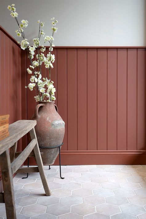 Oliva Crema Hexagon Terracotta Effect Tiles | Quorn Stone Terracotta Wall Panelling, Hallway Ideas Terracotta, Tile Hallway Floor, Terracotta Wainscoting, Terracotta Small Bathroom, Terracotta Tiled Bathroom, Small Landing Ideas Upstairs Decor, Mediterranean Small Garden, Landing Ideas Upstairs Decor