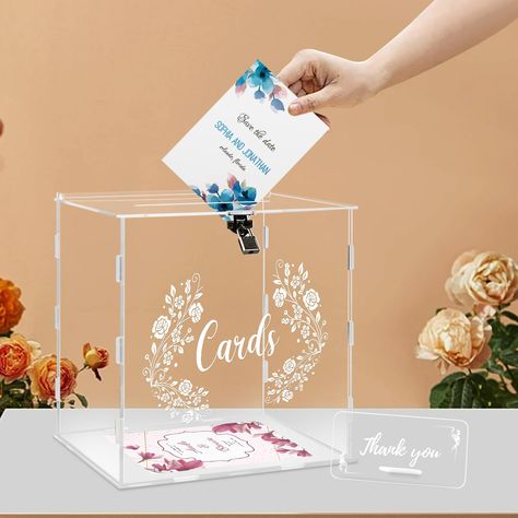 PRICES MAY VARY. Acrylic 【Premium Material】The wedding card box is made of 3mm transparent acrylic material, which is premium and sturdy. 【Perfect Size】Box :10x9.8x9.4 inches | Sign: 5.5 x 2.7x 0.1inches. This acrylic card box is large enough to accommodate lots of greeting cards from your guests. The wedding gift card box can help you collect gift cards, cash, envelope, checks, and small-sized gifts. 【DIY Pleasure】You can print and stick other patterns to match different themed parties. You can Reception Gifts For Guests, Card Box Holder Diy, Acrylic Wedding Card, Money Card Box, Wedding Gift Card Box, Events Decorations, Reception Gifts, Acrylic Card, Wedding Gift Money