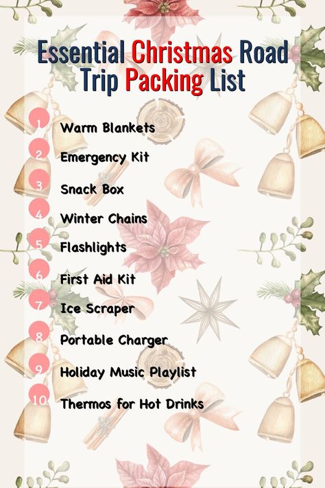 Prepare for your Christmas road trip with this must-have packing list. Stay cozy and safe with warm blankets, emergency kits, snack boxes, and more essentials. Don't forget your thermos for hot drinks and a holiday playlist! Roadtrip Packing List, Christmas Road Trip, Roadtrip Packing, Winter Trip Packing List, Winter Travel Packing, Holiday Playlist, Trip Packing List, Snack Boxes, Road Trip Packing List