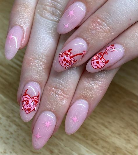 Valentine Gel X Nails Design, Bright Red Valentine Nails, Cute Creepy Nails, Pink Detail Nails, Spooky Valentines Day Nails, Edgy Valentines Day Nails, Creepy Valentines Nails, Vintage Valentines Nails, 90s Valentines Nails