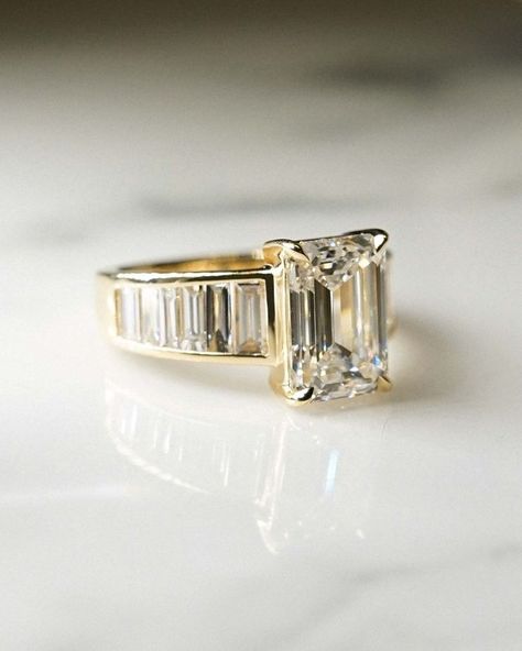 Frank Darling Custom Rings (@frankdarling) • Instagram photos and videos Tapered Emerald Cut Engagement Ring, Vintage Art Deco Rings 1920s, Whimsical Emerald Engagement Ring, Thicker Engagement Rings, Antique Emerald Cut Engagement Ring, Large Band Engagement Ring, Emerald Bezel Engagement Ring Stack, Midcentury Engagement Ring, Emerald Shape Wedding Rings