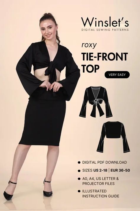 sewing patterns for women Tie Top Sewing Pattern, Crop Top Sewing Pattern, Sewing Patterns For Women, Top Sewing, Tie Front Top, Top Sewing Pattern, Seamless Transition, Fashion Designing, Shirts And Blouses