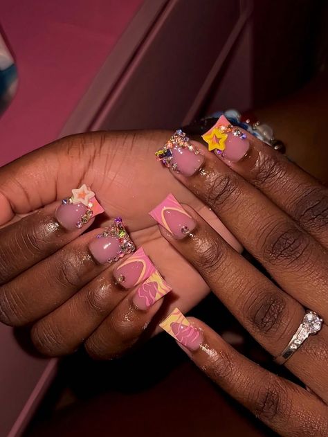 Multicolor  Collar   Plants Color Nails Embellished   Nail,Hand & Foot Care Rhinestone Nail Art, French Yellow, Image Nails, Hard Nails, Duck Nails, Ombre Acrylic Nails, Cute Acrylic Nail Designs, Nail Art Set, Pink French