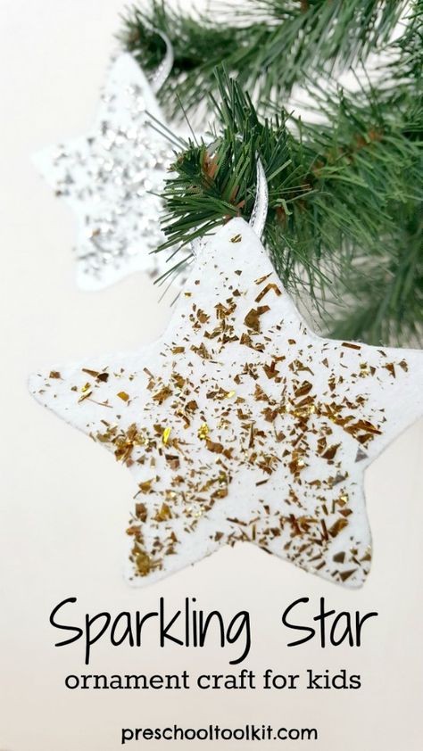 Sparkling star ornament craft for kids - Preschool Toolkit Star Crafts For Preschoolers, Star Ornaments For Kids, Star Ornament Craft, Star Crafts For Kids, Christmas Tree Decorations For Kids, Preschool Christmas Ornaments, Christmas Star Crafts, Christmas Kidscrafts, Star Crafts