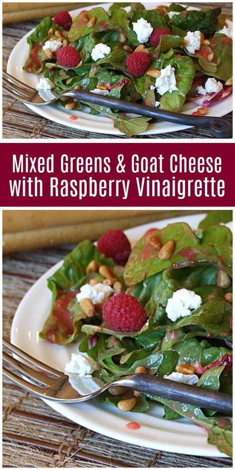 Mixed Greens and Goat Cheese and Raspberry Vinaigrette recipe from RecipeGirl.com #salad #goatcheese #raspberry #recipe #RecipeGirl via @recipegirl Raspberry Vinaigrette Recipe, Salad With Raspberry Vinaigrette, Raspberry Recipe, Cranberry Spinach Salad, Cranberry Walnut Salad, Raspberry Vinaigrette Salad, Raspberry Salad, Leafy Salad, Raspberry Vinaigrette