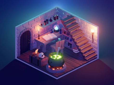 Minecraft Witch Interior, Witch House Design, Minecraft Witch, Isometric Room, 3d Maya, Witch Hut, Witch Room, Low Poly Games, Spooky House