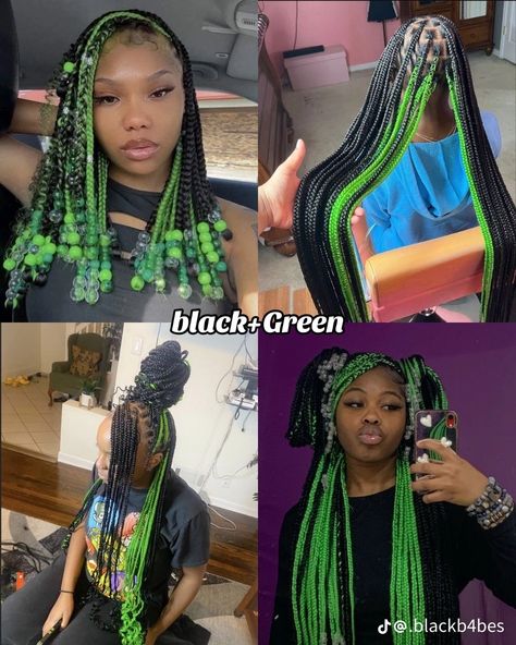 Green Peekaboo Braids With Curls, Braids For Black Women Different Colors, Peak A Boo Braids Green, Green And Black Peekaboo Braids, Green Black Braids, Black And Green Knotless Braids, Black And Colored Braids, Dark Green Peekaboo Braids, Black And Green Box Braids With Beads