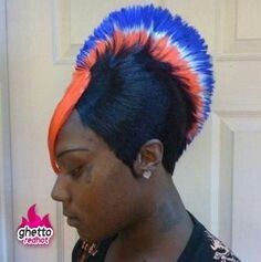 Blue orange and white Mohawk style. Peacock Hairstyle, Strange Hairstyles, Hood Rich, Hype Hair, Hair Today Gone Tomorrow, Harlem Shake, Raw Indian Hair, Cambodian Hair, Hair Magic