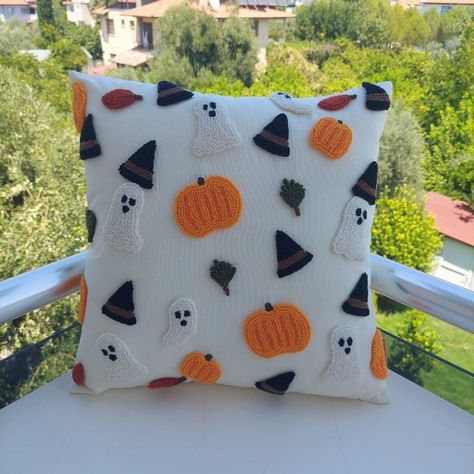 Handmade Pillow Cover - Halloween Pumpkin Decorative Pillow - Colorful Pumpkins - Decorative Pillow Cover with Halloween Themed Embroidery - Handmade Pillow Cover - Hat - Ghost - Dry Leaves,Pumpkin Transform your home into a Halloween haven with our meticulously designed pillow cover, measuring 43x43 cm (17x17 inches). Embrace the spirit of the season with this enchanting piece, adorned with a captivating array of Halloween-themed embroideries. From charming witch hats to mischievous ghosts and Ghost Cushion, Pillow Pumpkin, Colorful Pumpkins, Punch Needling, Gymnastics Tricks, Fall Room Decor, Fall Bedroom Decor, Ghost Pillow, Dry Leaves