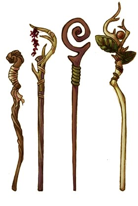 Bastones de druida. Magic Staff Drawing Reference, Water Staff Design, Hp Broomstick, Diy Druid Staff, Wooden Staff Concept Art, Magic Wand Design Art, Witch Wand Drawing, Witch Staff Design, Wand Illustrations