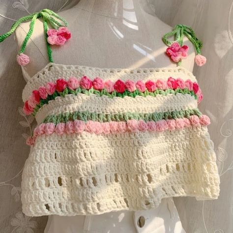 Pastel Crochet Top, Crochet Tulip Top, Crochet Flower Shirt, Coquette Crochet, Tulip Top, Crochet Sweater Design, Crochet Tutorial Pattern, Quick Crochet Patterns, Crochet Shop