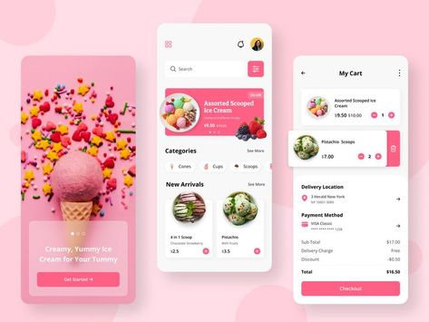 Ice Cream Website Design Inspiration, Ice Cream Shop Website Design, App Homepage Design, Shop App Design, Ice Cream Website, Creative App Design, Candy App, Mobile Layout, Craft App