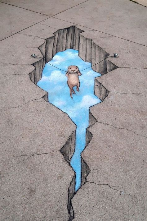 Street Chalk Art, Fun Chalk Art, Street Art Illusions, David Zinn, Pavement Art, 3d Chalk Art, Sidewalk Chalk Art, New York Graffiti, Sidewalk Art