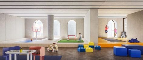 LEGO Walls, Robot Classes, Splash Rooms: The Latest Luxury Amenities Get Creative For The Kids Herringbone Floor Pattern, David Adjaye, Children's Play Area, Trampoline Room, Teen Lounge, Colorful Playroom, Lego Wall, Video Game Rooms, Gathering Room