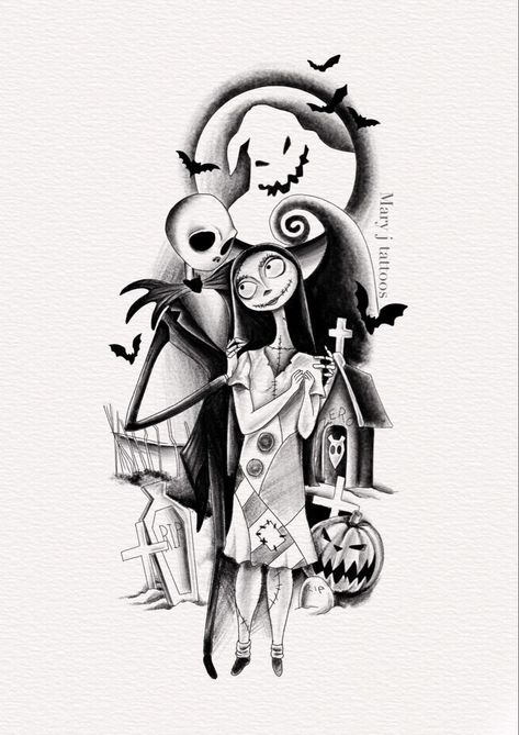 Jack And Sally Tattoo Stencil, Jack And Sally Tattoo Design, Jack Skellington Tattoo Stencil, Tim Burton Tattoo Designs, Merlina Adams Tattoo, Night Mare Before Christmas Tattoos, Jack Skellington And Sally Tattoo, Jack Skellington Tattoo Ideas, Nightmare Before Christmas Tattoo Design