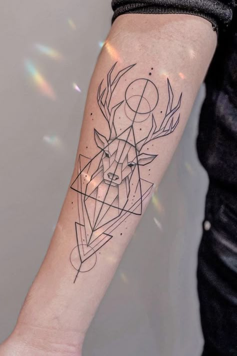 Mathematical Tattoo, Stag Tattoo Design, Arm Tattoo Men, Deer Tattoo Designs, Geometric Mountain Tattoo, Geometric Animal Tattoo, Stag Tattoo, Tattoos Infinity, Circle Tattoo