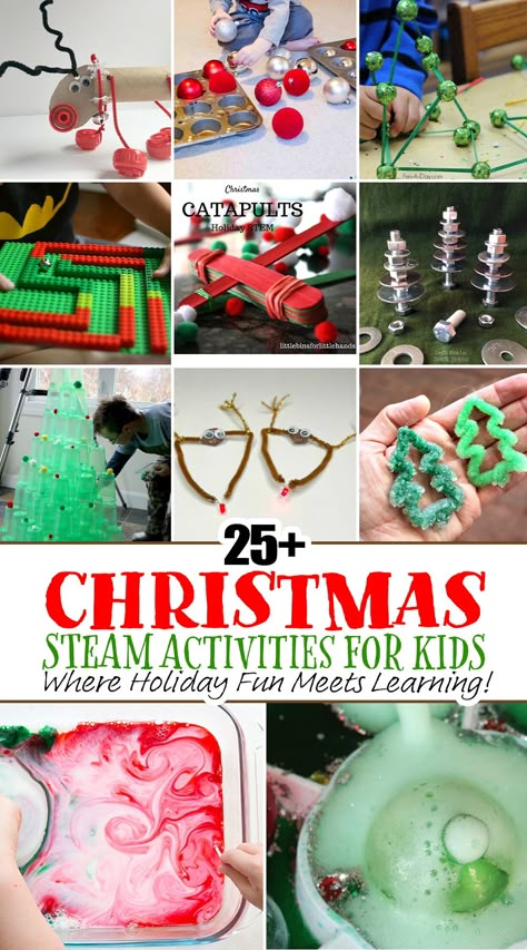 25+ Easy Christmas STEAM Activities for Kids - Happy Toddler Playtime Holiday Steam Activities For Kids, Christmas Engineering Activities, Easy Christmas Science Experiments, Christmas Science For Kids, Steam Christmas Activities, Christmas Stations For Kids, Stem Christmas Activities For Kids, Christmas Experiments For Kids, Christmas Steam Activities