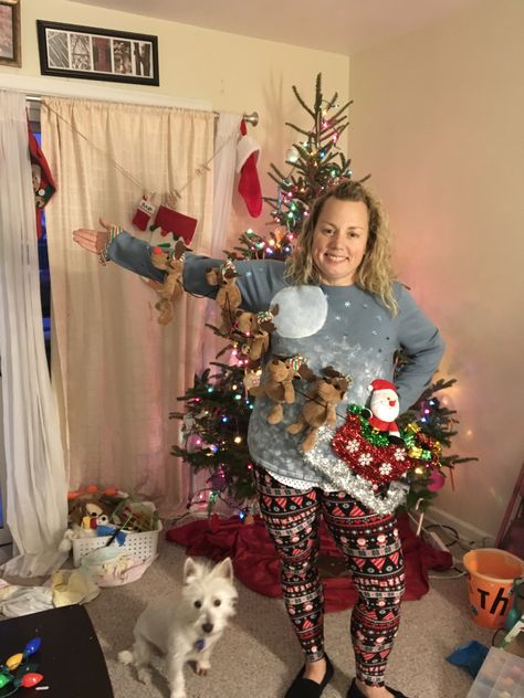 Great "ugly" Christmas sweater idea!!!Even though it's not uglylol Creative Ugly Christmas Sweater, Christmas Sweaters Diy, Ugly Christmas Sweaters Diy, Homemade Ugly Christmas Sweater, Ugly Christmas Sweater Diy Funny, Ugly Christmas Sweater Outfit, Ugly Christmas Sweater Contest, Diy Christmas Sweater, Christmas Sweater Outfits