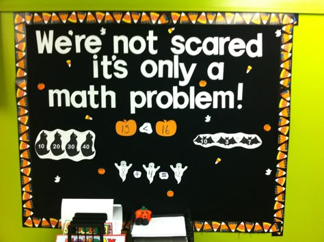 Halloween math bulletin board October Math Bulletin Boards, Fall Bulletin Board Ideas For Math, Halloween Math Bulletin Boards, Math Fall Bulletin Board Ideas, Funny Fall Bulletin Board Ideas, Fall Math Bulletin Boards, Have You Used Math Today Bulletin Board, October Math, Math Bulletin Boards