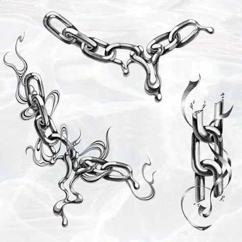 Chains Drawing Art, Cyberpunk Flash Tattoo, Metal Chain Art, Chrome Chain Tattoo, Chrome Tattoo Flash, Drip Tattoo Design, How To Draw Chrome, Textured Tattoos, Chains Drawing Reference