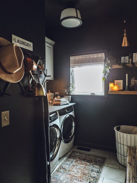 Dark Painted Laundry Room With Faux Brick Backsplash - Berry Berry Quite Contrary Dark Color Laundry Room, Dark Basement Laundry Room Ideas, Dark Wall Laundry Room, Laundry Room With Dark Walls, Black Ceiling Laundry Room, Dark Ceiling Laundry Room, Dark Paint Laundry Room, Black Wall Laundry Room Ideas, Dark Paint In Laundry Room