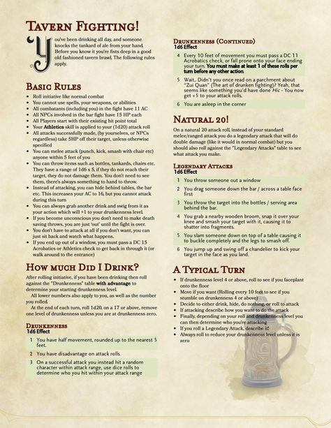 Homebrew Tavern Fighting Rules (5e) - Album on Imgur Dungeon Master Tips, Dnd Guide, Dm Ideas, Dnd Dm, Reward Ideas, Dungeons And Dragons Rules, Dnd Stats, Dm Screen, Dnd Stories