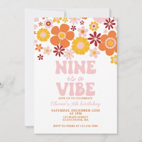 $2.98 | Retro Flower Nine is a Vibe 9th Birthday - retro, daisy, 70s, boho, girl, flowers, floral, burnt orange, nine is a vibe, 9th birthday Retro Birthday Parties, 10th Birthday Invitation, 98th Birthday, Boho Fonts, Outdoors Birthday Party, Invitations Ideas, Retro Daisy, 2nd Birthday Invitations, Retro Birthday