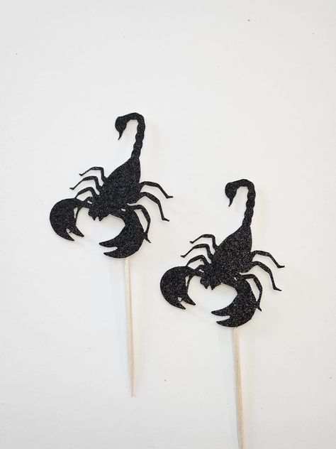 "Our cupcake toppers are handcrafted using a combination of 65 lb. and 110 lb. card stock PAPER Description:  ~Size cupcake toppers is made to fit a standard cupcake- approximately \"2-3\" wide.  ~One sided toppers- food pick exposed on back ~Attached to a wooden 2.5\" tall toothpick ~One set includes 12 cupcake toppers  Shipping:  ~All items are shipped via USPS first class mail unless an expedited profile is purchased by the buyer. First class mail normally takes 5-8 business days to arrive bu Scorpio Birthday Decorations, Scorpio Birthday Party, Scorpio Party, 38 Birthday, 17 Birthday, Scorpio Birthday, 38th Birthday, 12 Cupcakes, Birthday Inspo