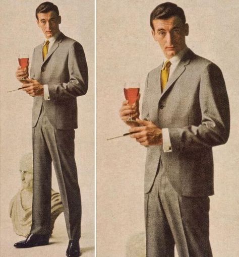 Continental Suit (men) - this suit moved away from the traditional gray flannel suit; shorter, close fitting jacket, with rounded, cutaway jacket fronts 1950s Fashion Men, 1960s Mens Fashion, 1960s Fashion Mens, 1950s Men, 1950s Mens Fashion, 60s Men, Mens Suit Style, 1950s Mens, Flannel Suit